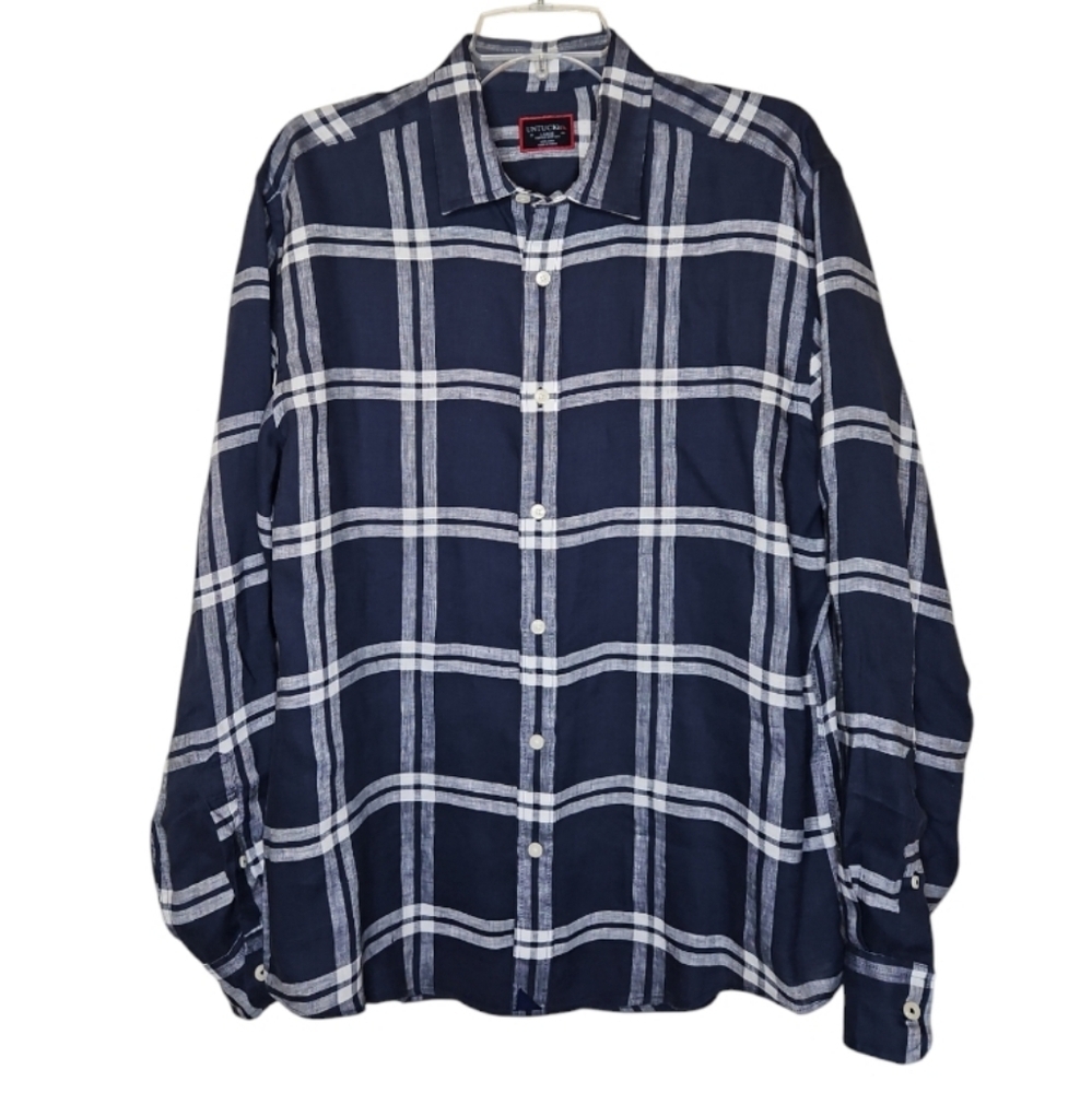 UNTUCKit Men's Long Sleeve Navy & White Plaid Linen Shirt Size L